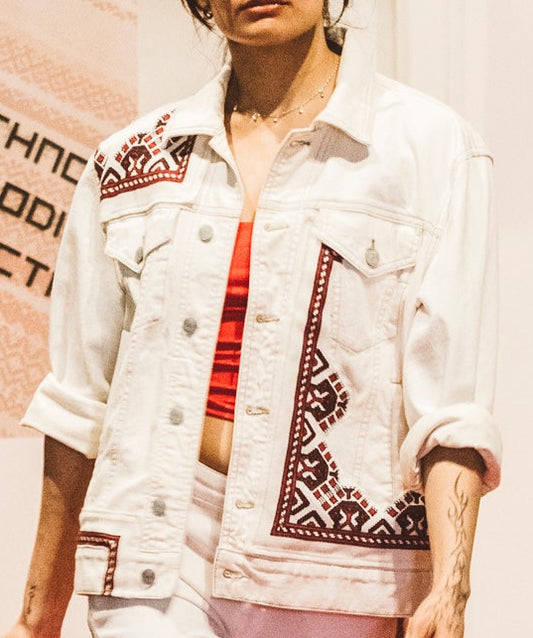 Ethno Melodic White Denim Jacket